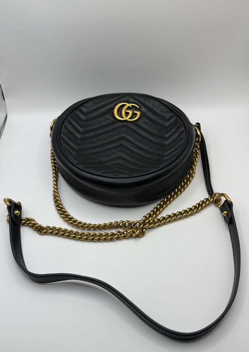 Gucci GG Marmont Matelassé Mini Round Shoulder Bag Black Leather Crossbody
